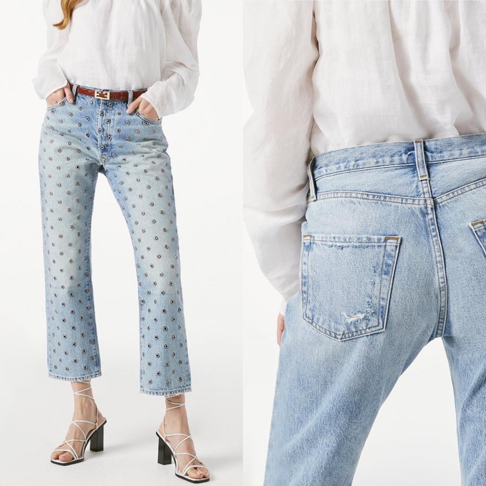 Frame Denim Light Blue Straight-Leg Jeans with Studded Dot Pattern